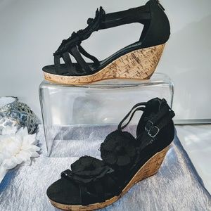 Black And Cork Wedge Sandals With Flower Accents